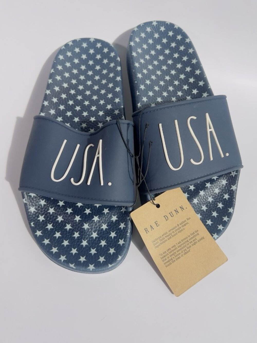 Rae Dunn Womens  Sandals Slides "USA" Navy  Blue White Stars Size 7 Brand New - Picture 3 of 7